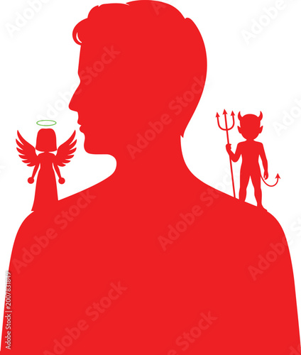 Bild auf Leinwand Silhouette of a person with an angel on shoulder and a devil on the other with i
