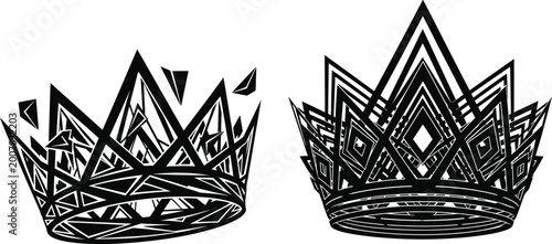 Two intricate black and white crown illustrations on a clean white background symbolizing royalty and power