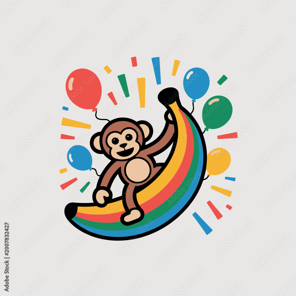 Fototapeta premium Playful monkey rides a vibrant banana surfboard amidst colorful balloons and confetti, a whimsical digital illustration evoking joy and carefree fun.