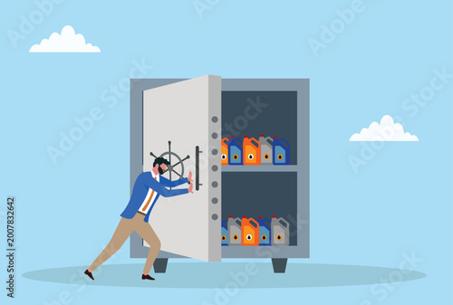 Photos Vector illustration of a businessman closing a vault full of oil bottles, symbol
