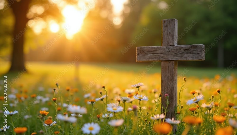 Naklejka premium Wooden cross stands in meadow filled with blooming wildflowers under warm golden sunlight. Peaceful nature scene with religious symbol at dawn or dusk. Serene outdoor setting.
