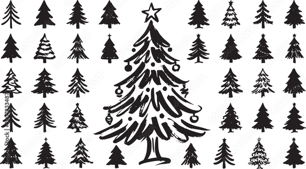 Obraz premium Brush Drawn Christmas Tree Silhouette Ink Marker Calligraphy Vector Icon