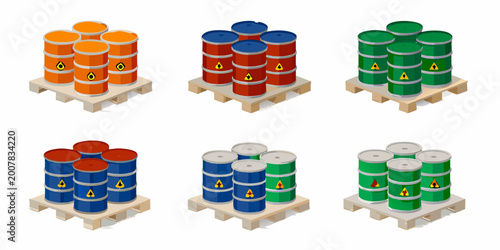 Colorful industrial drums on wooden pallets isometric illustration