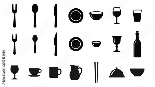 Schilderij op canvas Black silhouette cutlery and dinnerware set for restaurant or dining concepts