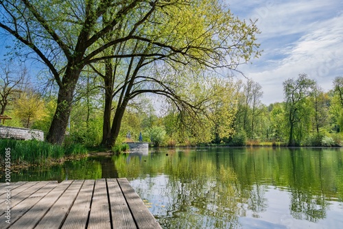 Konstfotografi Spring landscape at Engelhaldepark in Kempten with a wooden jetty and green tree