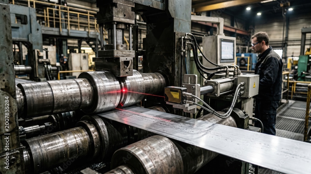 Fototapeta premium Medium shot of AIdriven sensors dynamically measuring roll gap with laser gauges and smart actuators optimizing performance for precision manufacturing in an industrial setting.