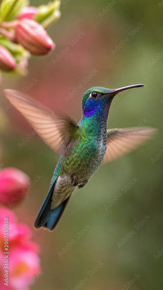 Naklejka premium Hummingbird's Graceful Dance: A vibrant hummingbird hovers mid-air, its wings a blur, showcasing intricate plumage details with subtle, lifelike textures, creating a moment of natural elegance.