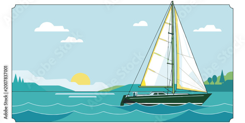 sailing boat on the sea in vector style summer vibe