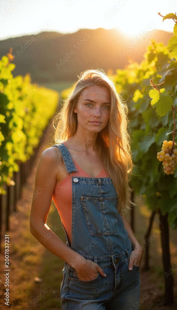 Naklejka premium Young blonde woman in denim overalls stands in sunlit vineyard rows at golden hour. Female farmer checks ripe grape clusters. Autumn harvest season in rural wine country.