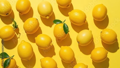 fresh yellow lemons with leaves on bright sunny background top view