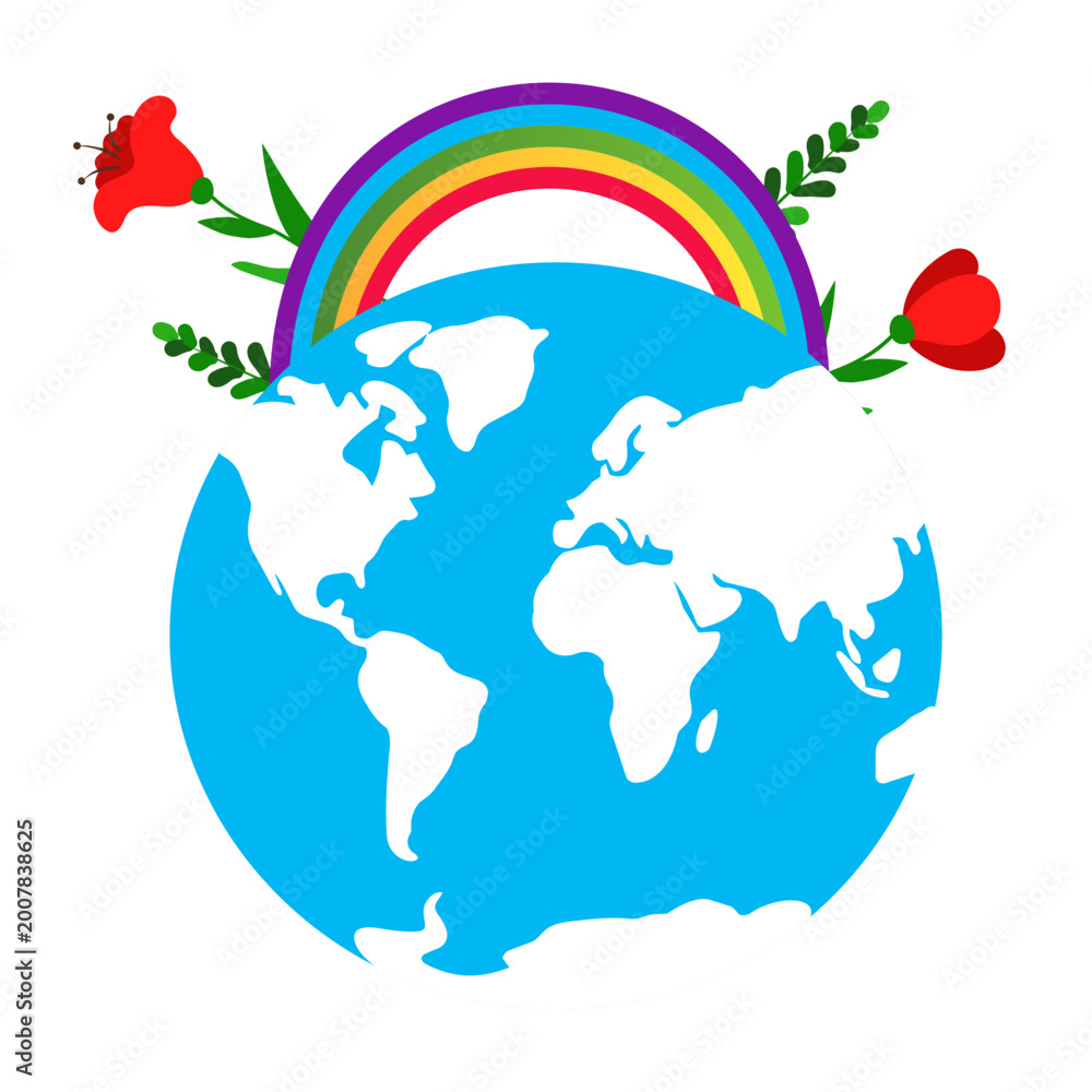 Naklejka premium Earth with flowers and rainbow celebrating world environment day, isolated on transparent background