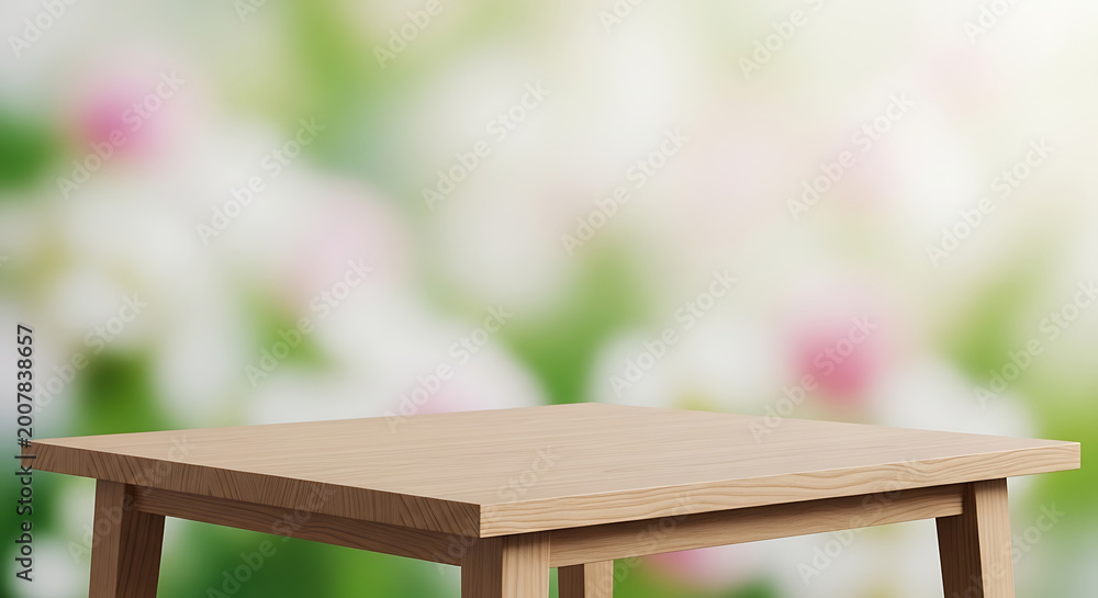 Fototapeta premium Empty Wooden Table Surface with Blurred Green Garden and Pink Flowers Background