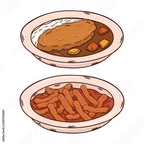 Illustration of food, fishcake, rice cake, chicken katsu and curry rice, Asian food icon, Japanese food, Korean food, spicy and salty