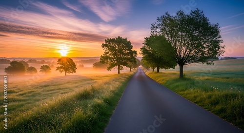 Road stretches through a lush green landscape at golden sunrise.