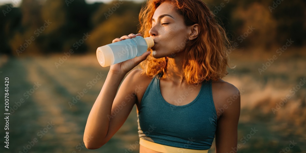Fototapeta premium Young woman drinking water after outdoor exercise in field