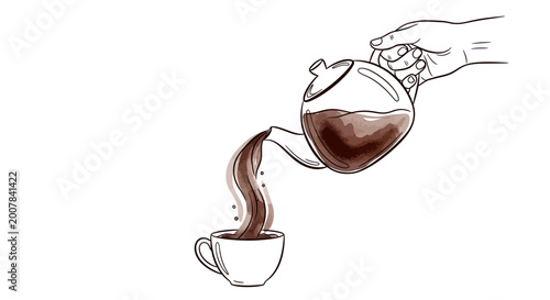 Hand Pouring Coffee from Teapot into Cup.