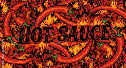 Bild auf Leinwand Hot Sauce Illustration with Chili Peppers.