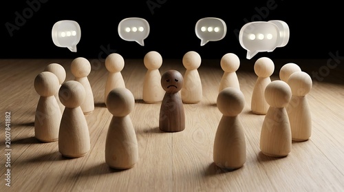 Wooden peg dolls representing social exclusion with a sad dark figure surrounded by light figures and speech bubbles