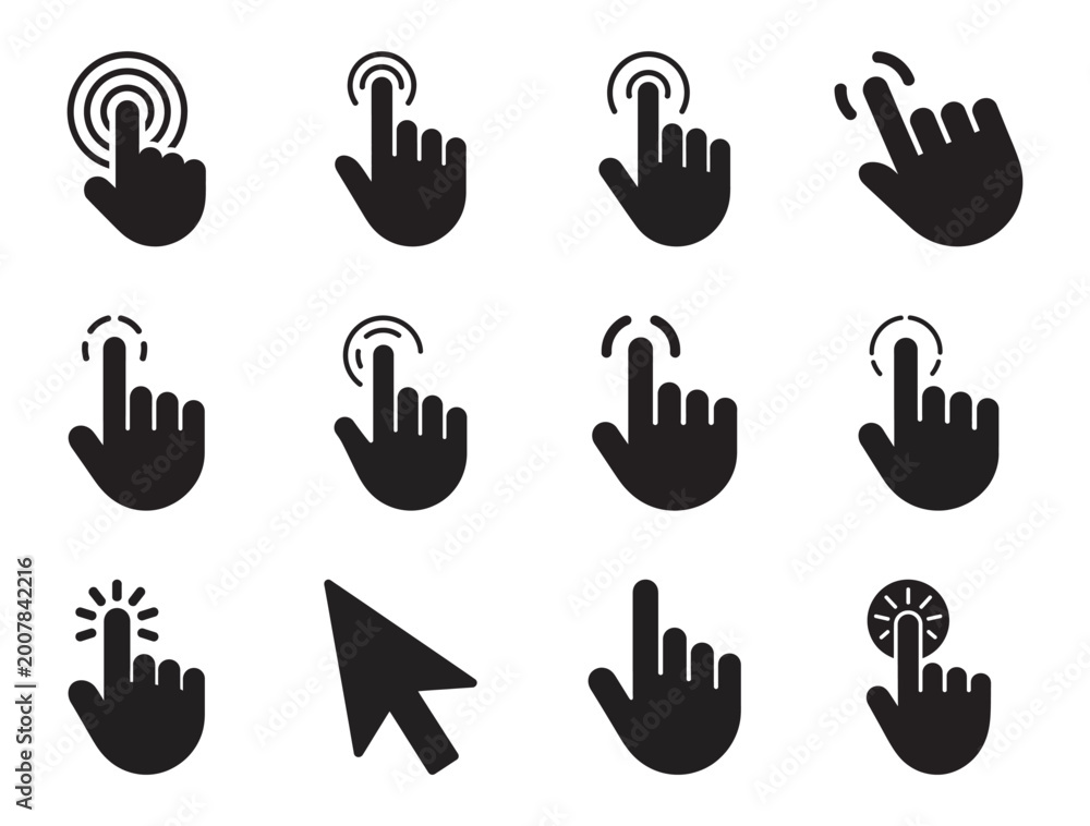 Fototapeta premium Finger touch click cursor hand gesture pointing tap mouse icons pack.