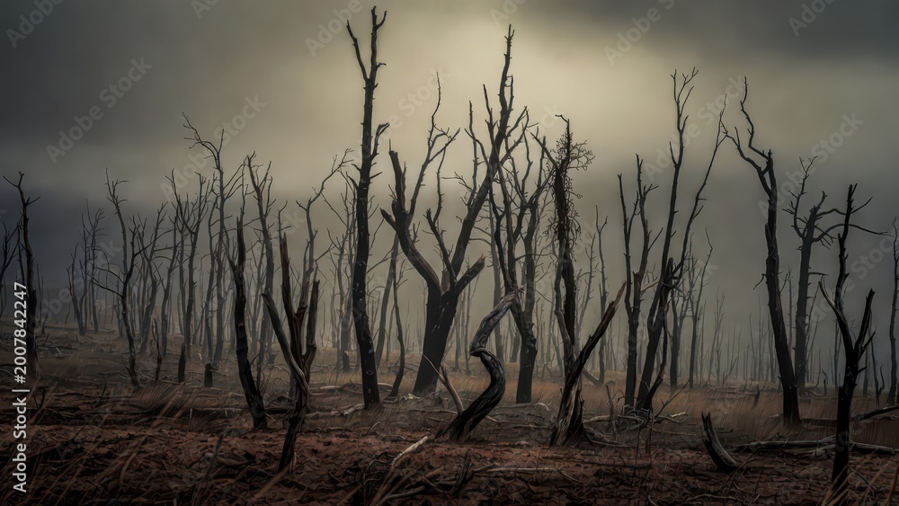 Obraz premium Eerie, desolate forest of burnt, skeletal trees under a smoky, ominous sky