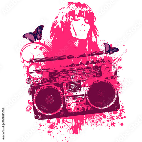 Grunge music boombox with female portrait
