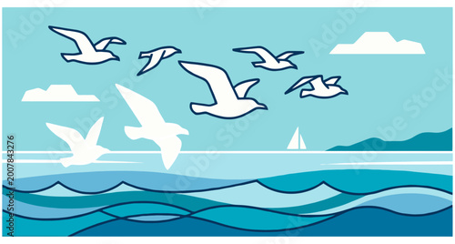 vector illustration of bird above the sea summer vibe and vector style