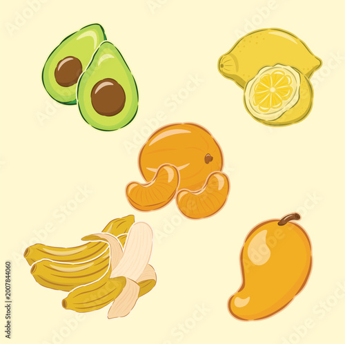 illustration of fruit, avocado, orange, lemon, banana, mango, tropical fruit, healthy food, tropical fruit icon