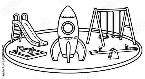 Playground equipment including a rocket ship, slide, swing set, and seesaw arranged in a circle provides a fun outdoor environment for children in this clear black and white line art illustration.