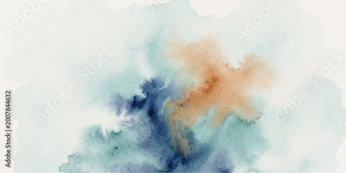 Bild auf Leinwand An abstract watercolor painting features soft washes of blue, green, and orange hues, creating a serene and organic texture with a delicate, ethereal feel