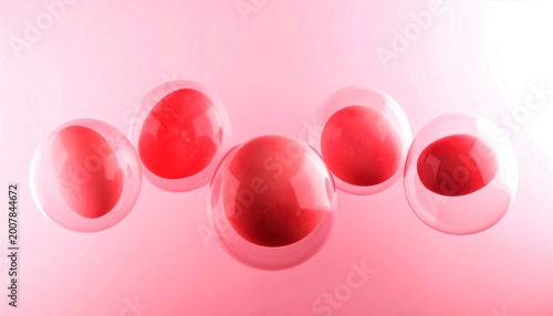 Cells in transparent spheres against a pink background