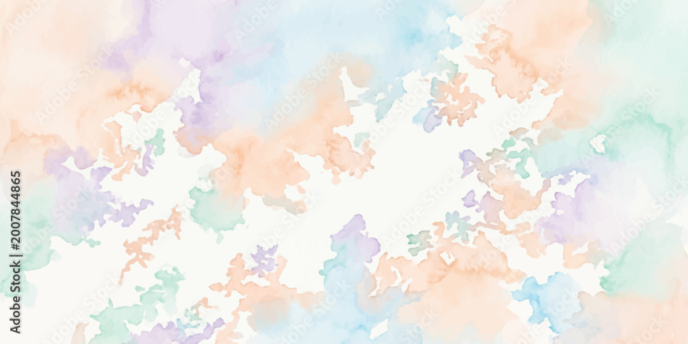 Fototapeta premium Soft watercolor splashes in pastel shades of peach, lavender, aqua, and mint create a dreamy, ethereal background, evoking a sense of calm and creativity.