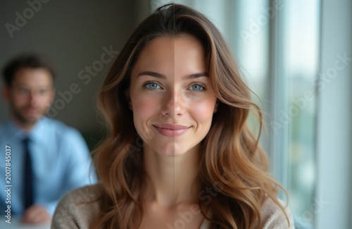Free Download Split portrait shows woman face comparison between natural skin and enhanced. Person smiles, shows skin texture differences. Man in suit blurry background. - GFXLoad
