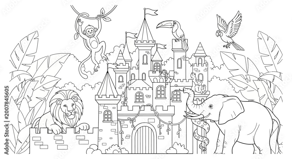 Obraz premium Lion, monkey, elephant, toucan, and parrot gather around a majestic medieval castle surrounded by tropical foliage, forming an enchanting illustration designed for a creative children's coloring.