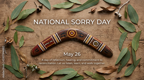 National Sorry Day Poster with Aboriginal Boomerang and Cultural