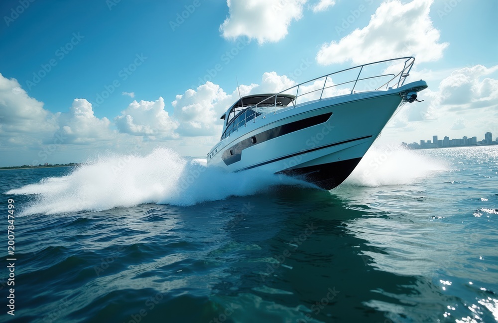 Naklejka premium Speed yacht moves fast on blue ocean water creating big splashes. Sport motorboat glides through waves under cloudy sky with city skyline far away. Enjoying boat trip.