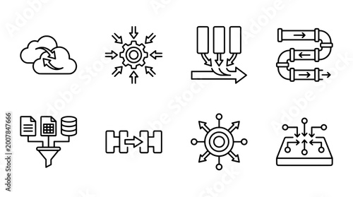 Data processing and integration outline icon set for business and technology