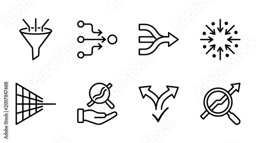 Abstract outline icons set depicting concepts of analysis and process