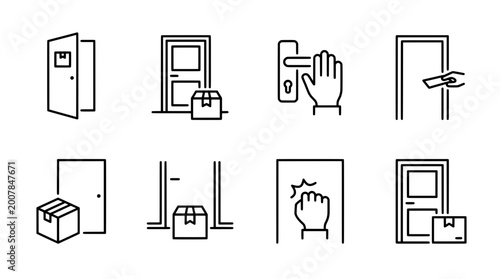Delivery and door related line icon set