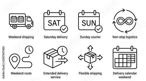 Delivery and logistics outline icon set shipping weekend and calendar concepts