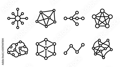 Minimalist network icon set depicting various connections and data structures
