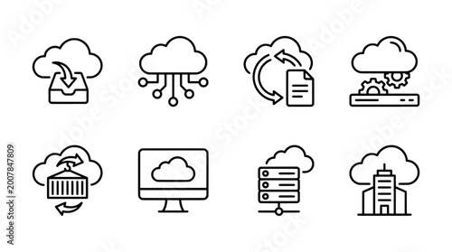 Minimal outline icons set depicting cloud computing and data storage