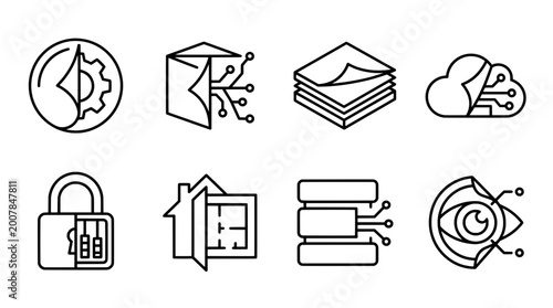 Modern outline icon set depicting technology security and data concepts