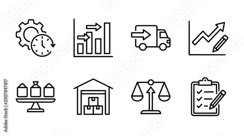 Outline icon set depicting business logistics and planning concepts