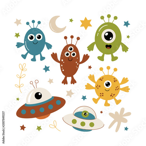 Cute space monsters, funny alien characters, spaceship Ufo set, kids illustration, fantasy cosmic vector design