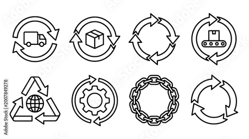 Outline icon set depicting logistics recycling and industrial processes