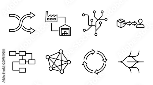 Outline icon set depicting logistics process and network concepts