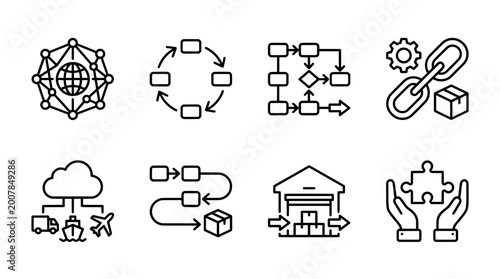 Outline icon set depicting logistics systems processes and infrastructure