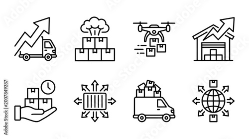Outline icon set depicting logistics shipping and global supply chain concepts