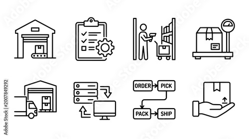 Outline icon set depicting logistics warehousing and supply chain elements