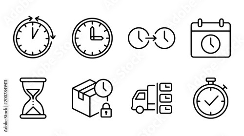 Outline icon set featuring clocks timelines delivery truck and more